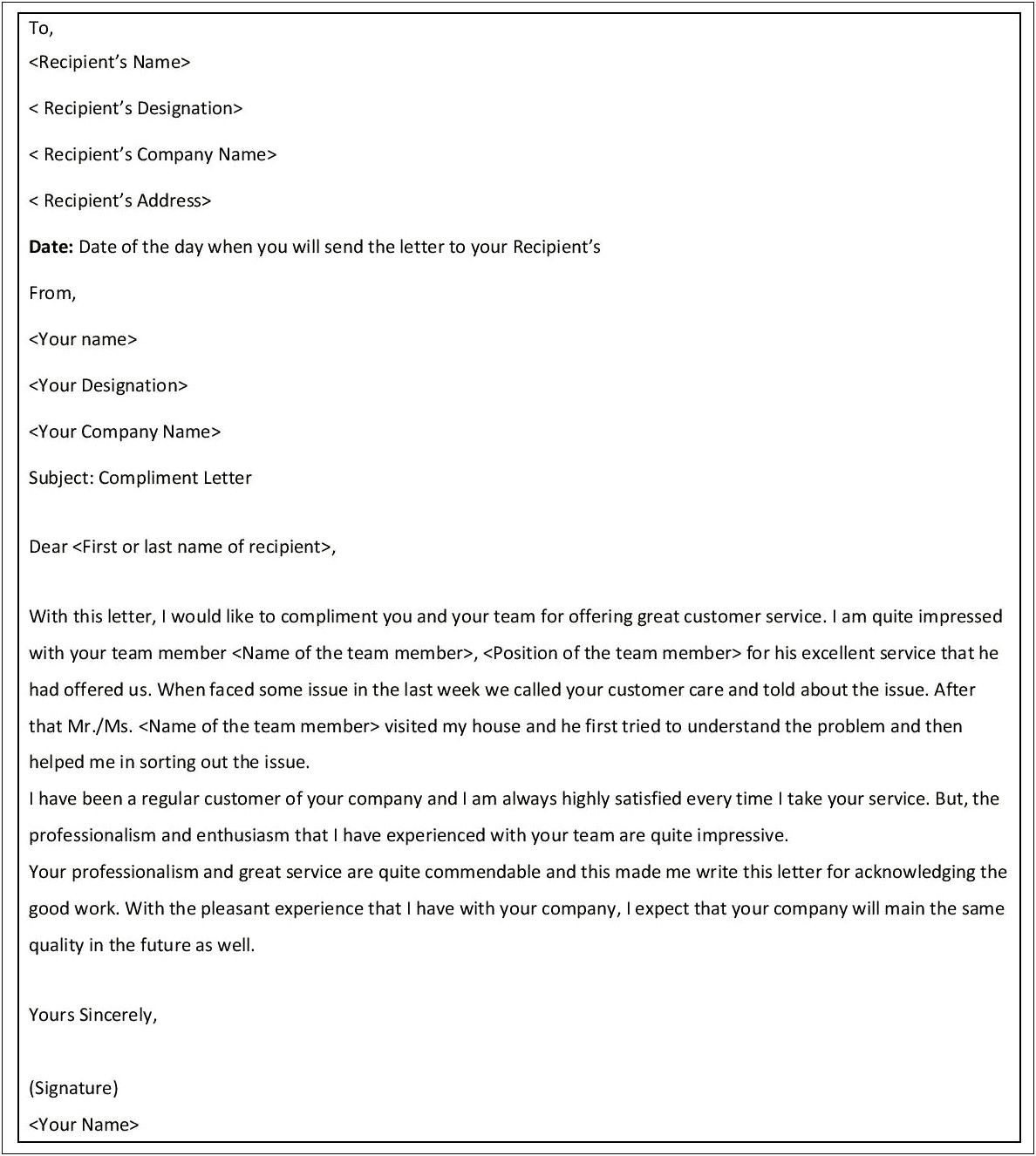 Compliment Letter For Good Customer Service Template