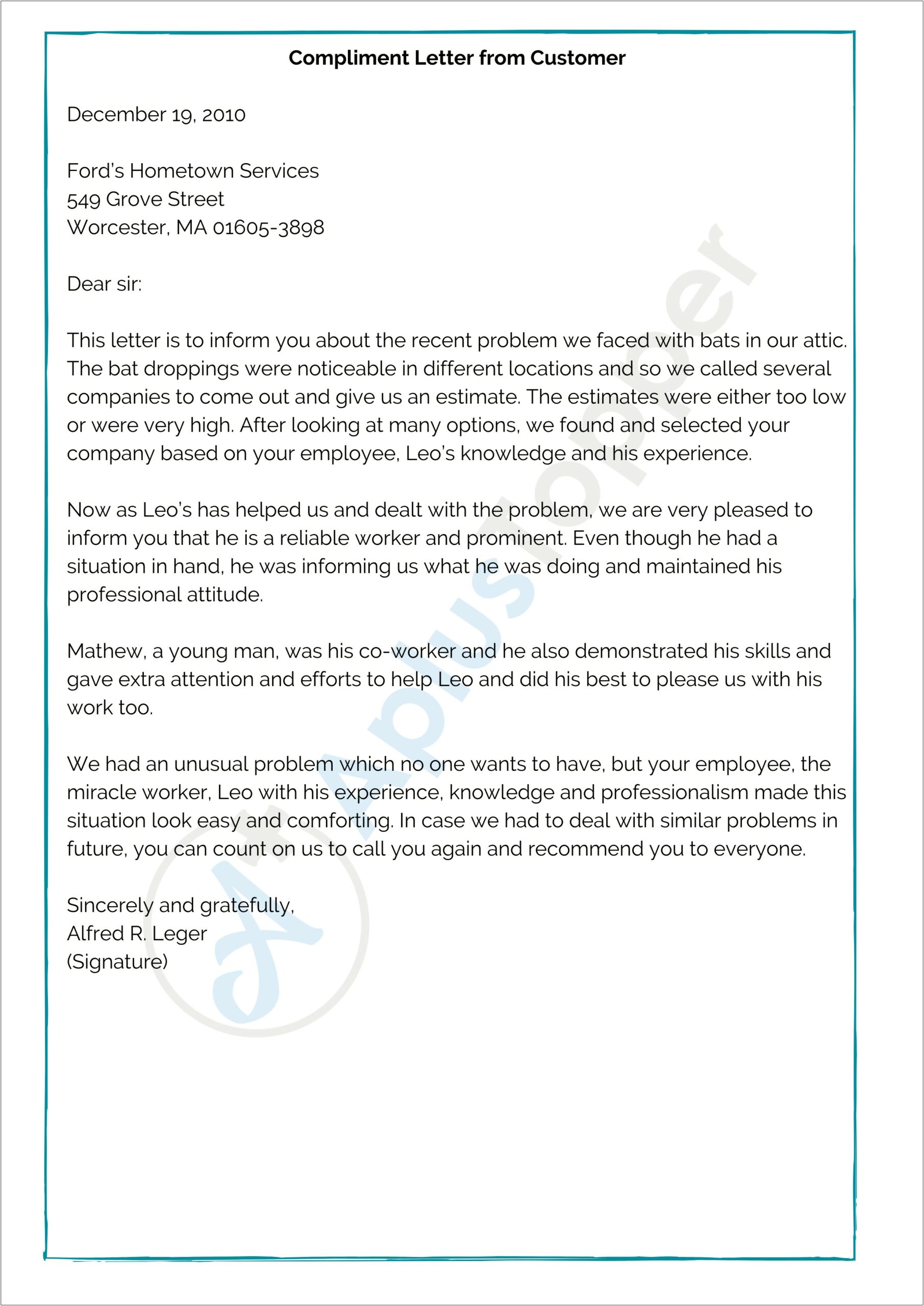 Compliment Letter For Great Customer Service Template