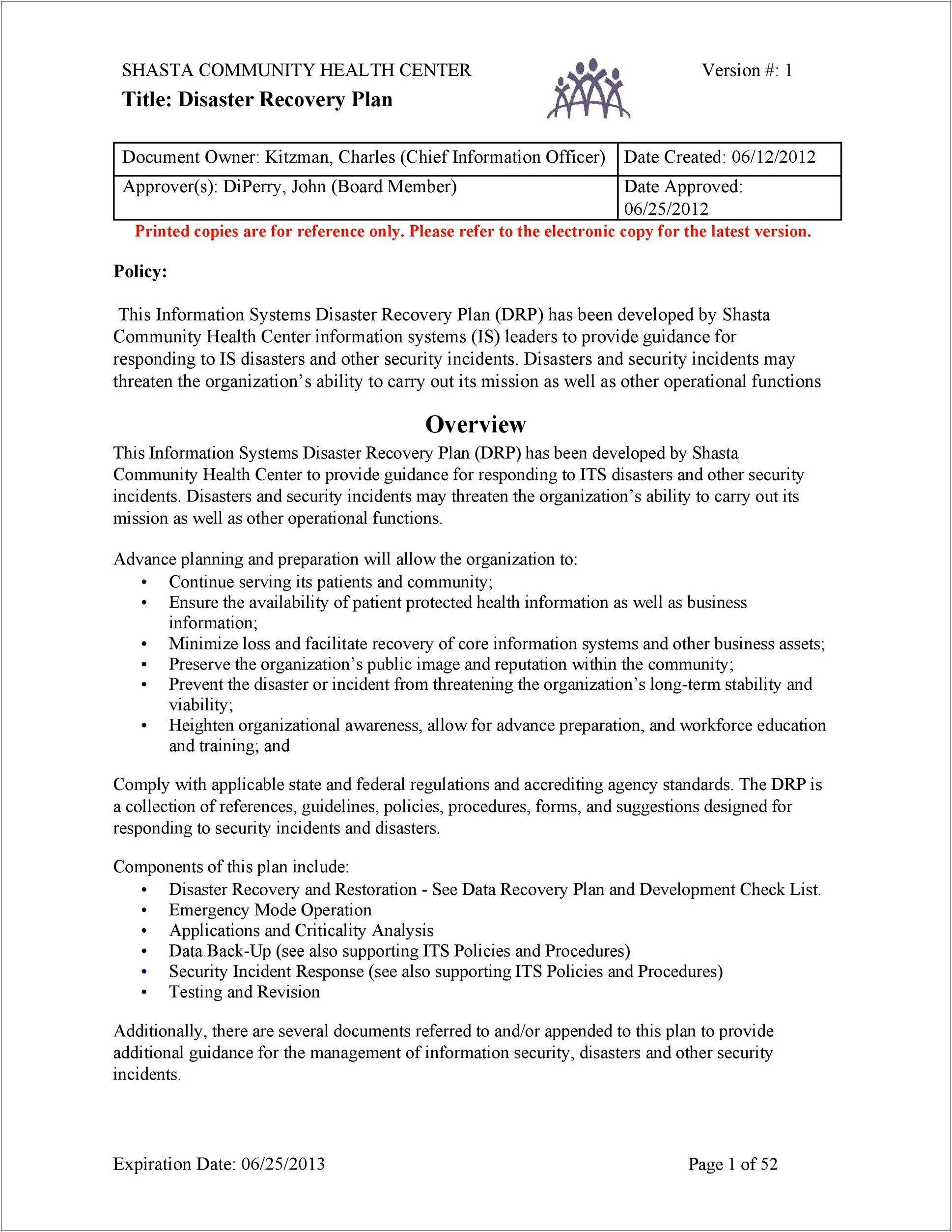 Computer System Disaster Recovery Plan Template