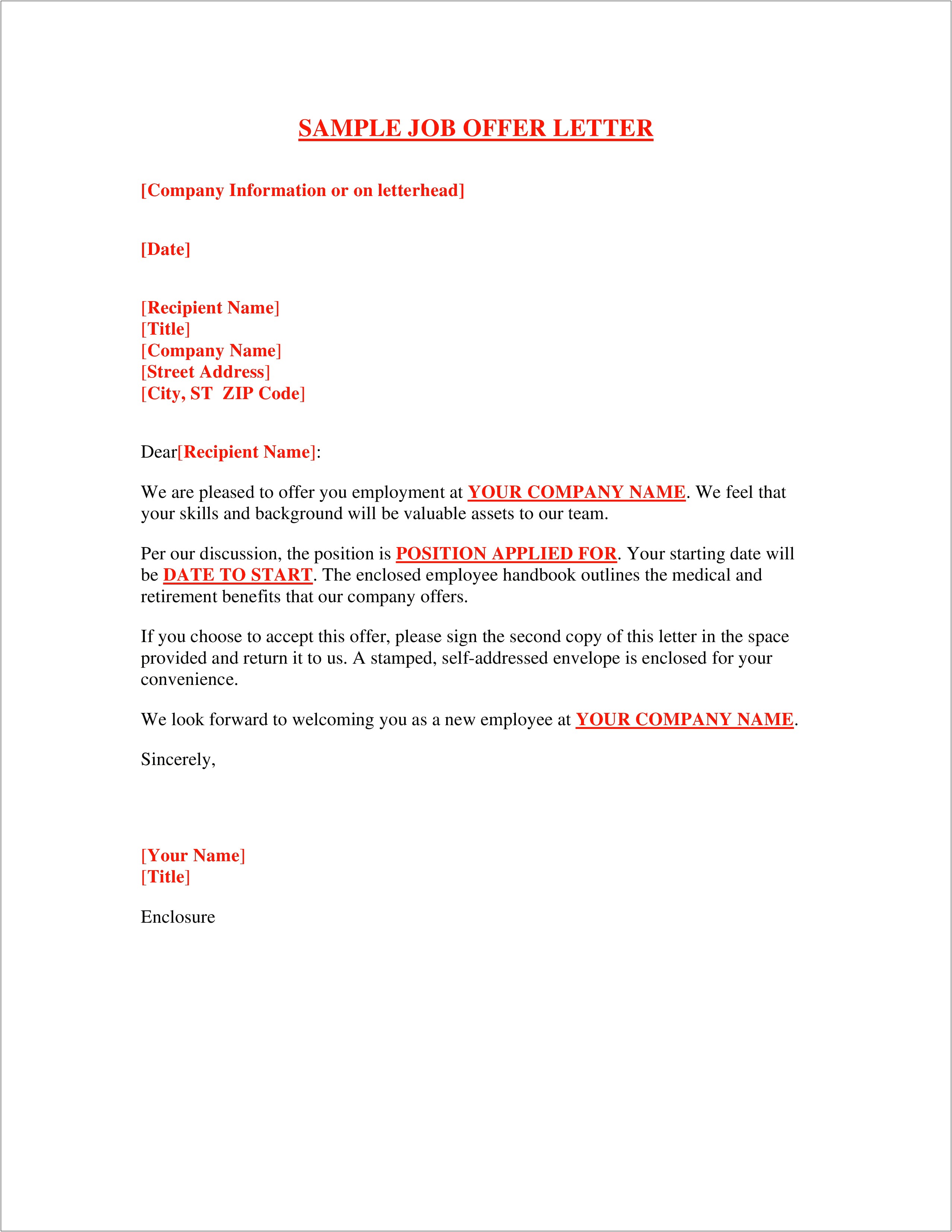 Conditional Offer Of Employment Letter Template