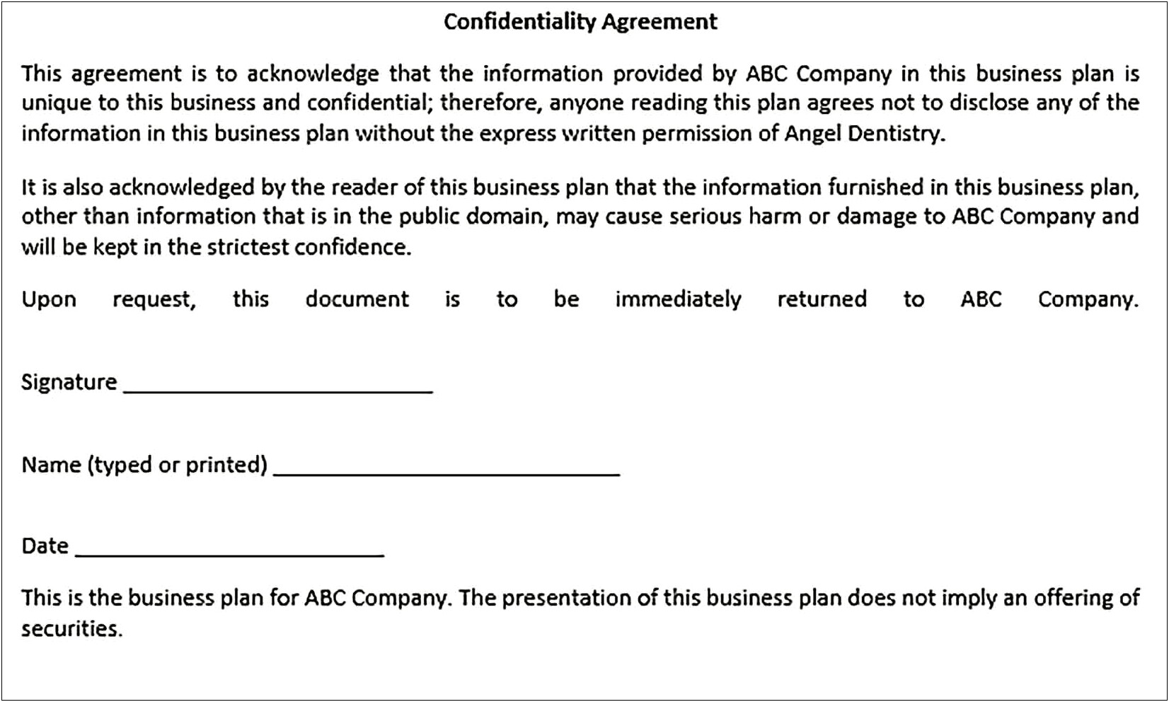 Confidentiality Agreement Template For Business Plan