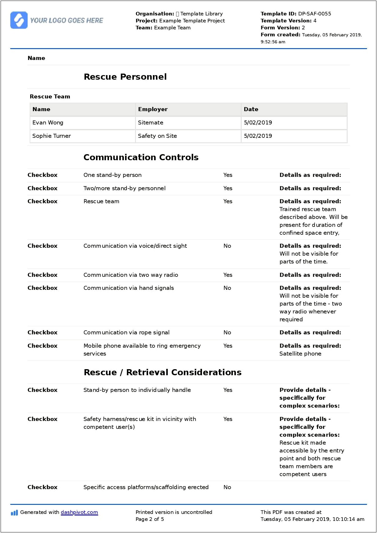 Confined Space Entry And Rescue Plan Template