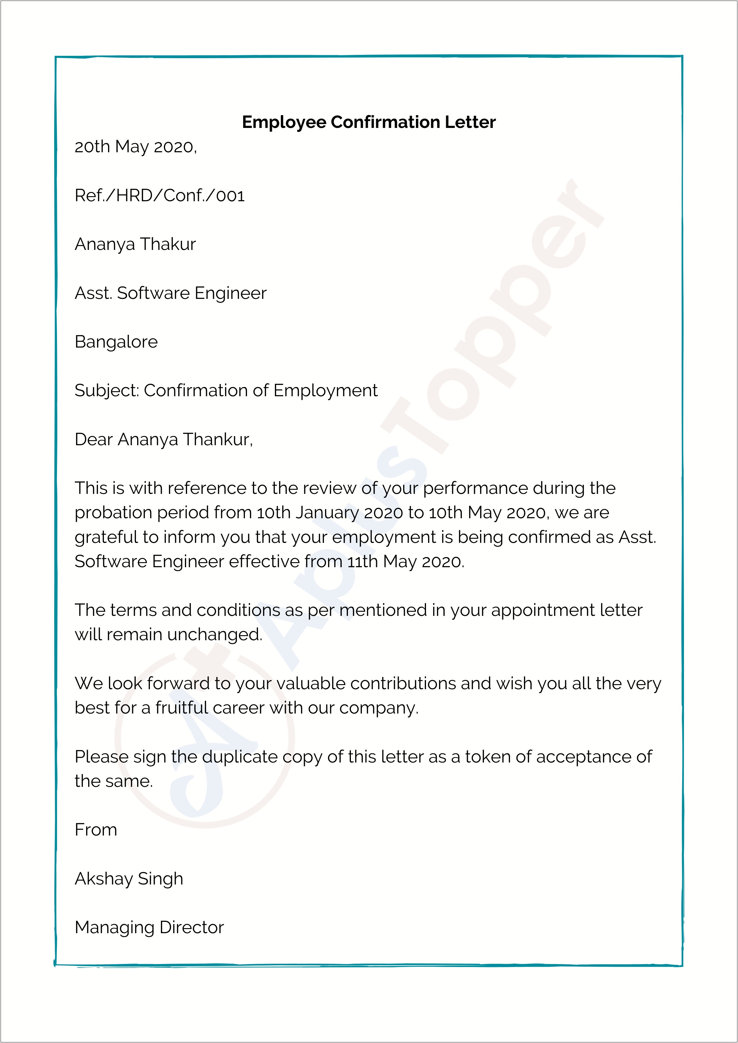 Confirmation Letter After Completion Of Probation Period Template