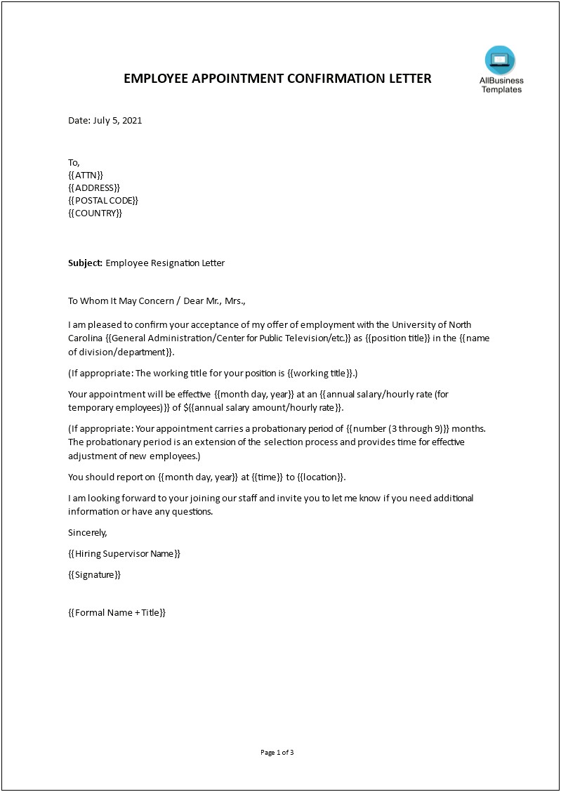 Confirmation Of Employment Letter For Bank Template