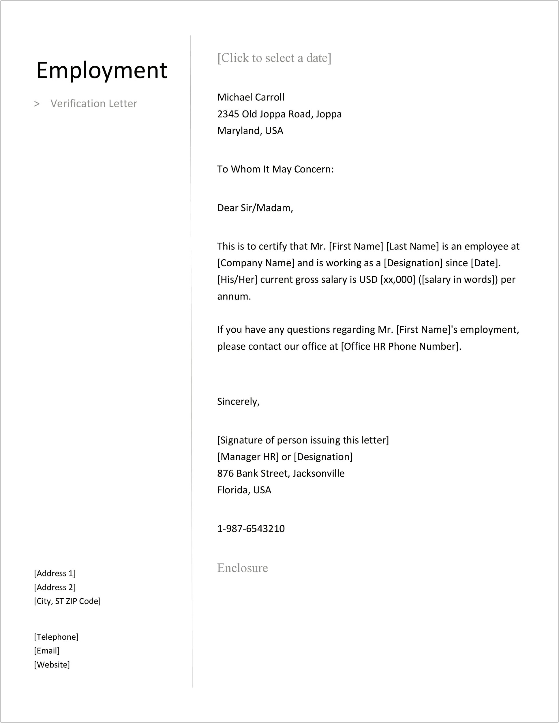 Confirmation Of Employment Letter Template For Bank