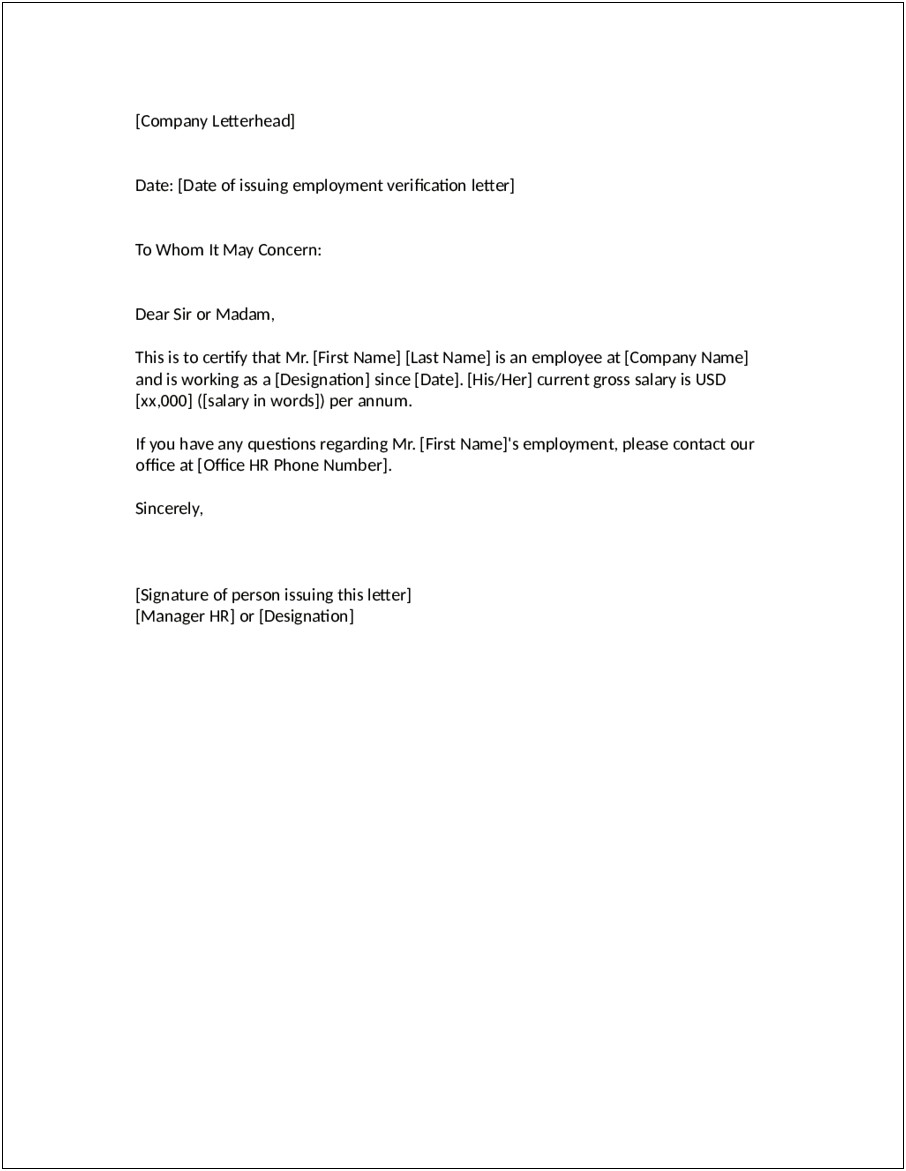 Confirmation Of Employment Letter Template For Visa