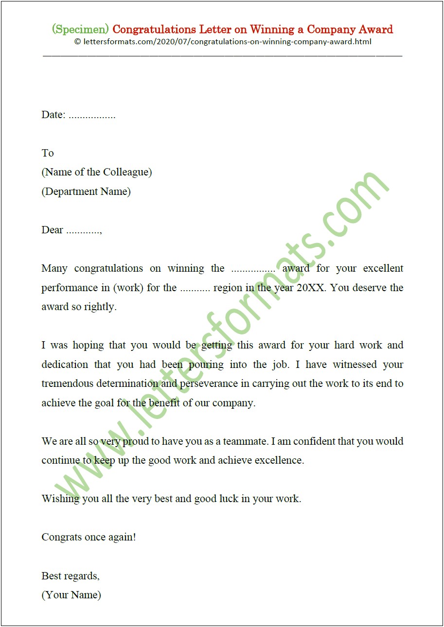 Congratulations Letter Template For Winning A Prize