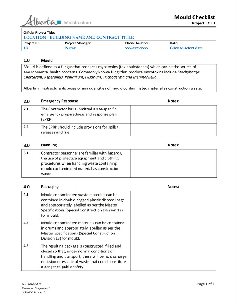 Construction Emergency Preparedness And Response Plan Template