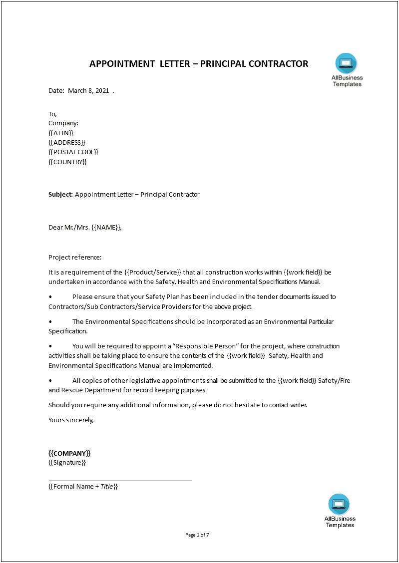 Construction Manager 8 1 Appointment Letter Template