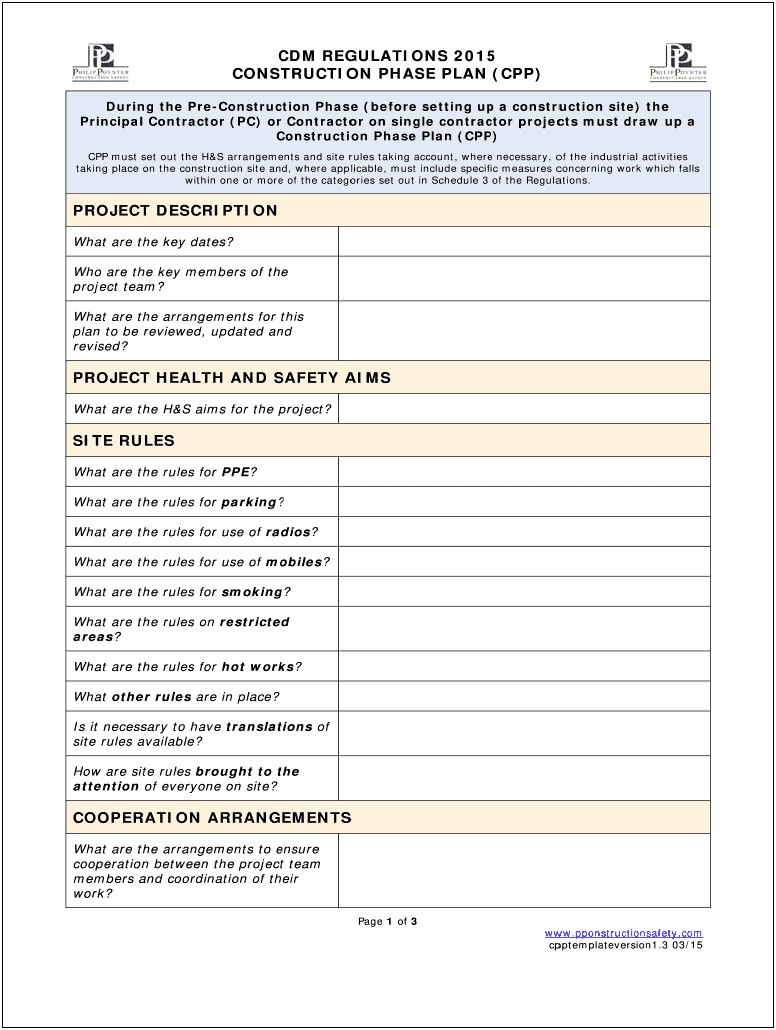 Construction Phase Health And Safety Plan Template 2015