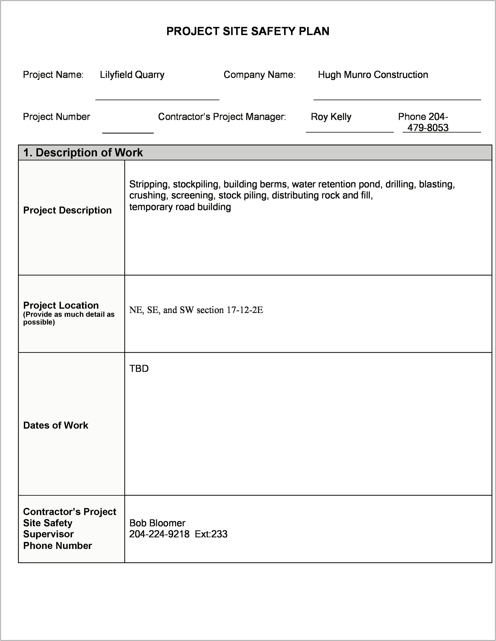 Construction Project Safety Action Plan Template