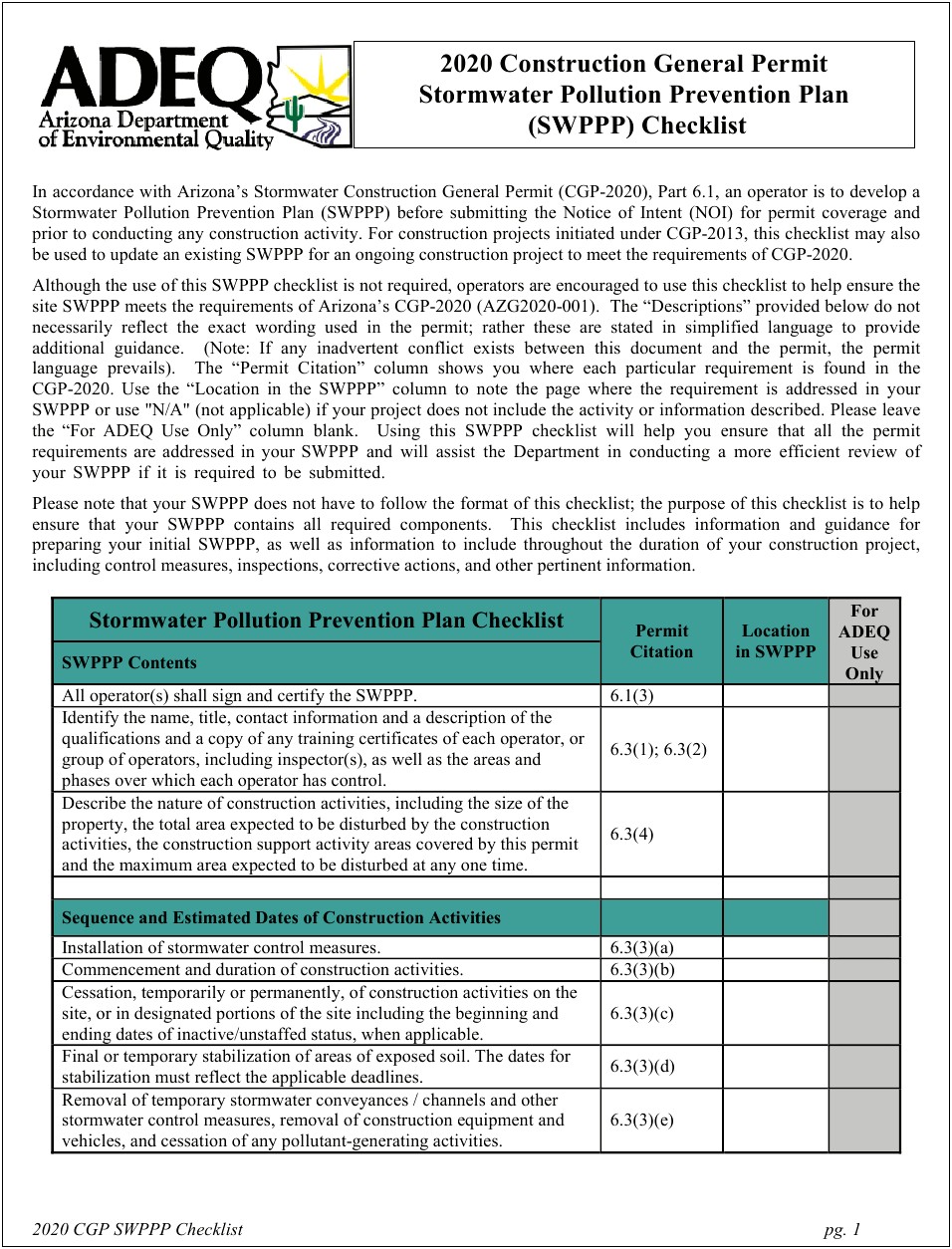 Construction Stormwater Pollution Prevention Plan Template