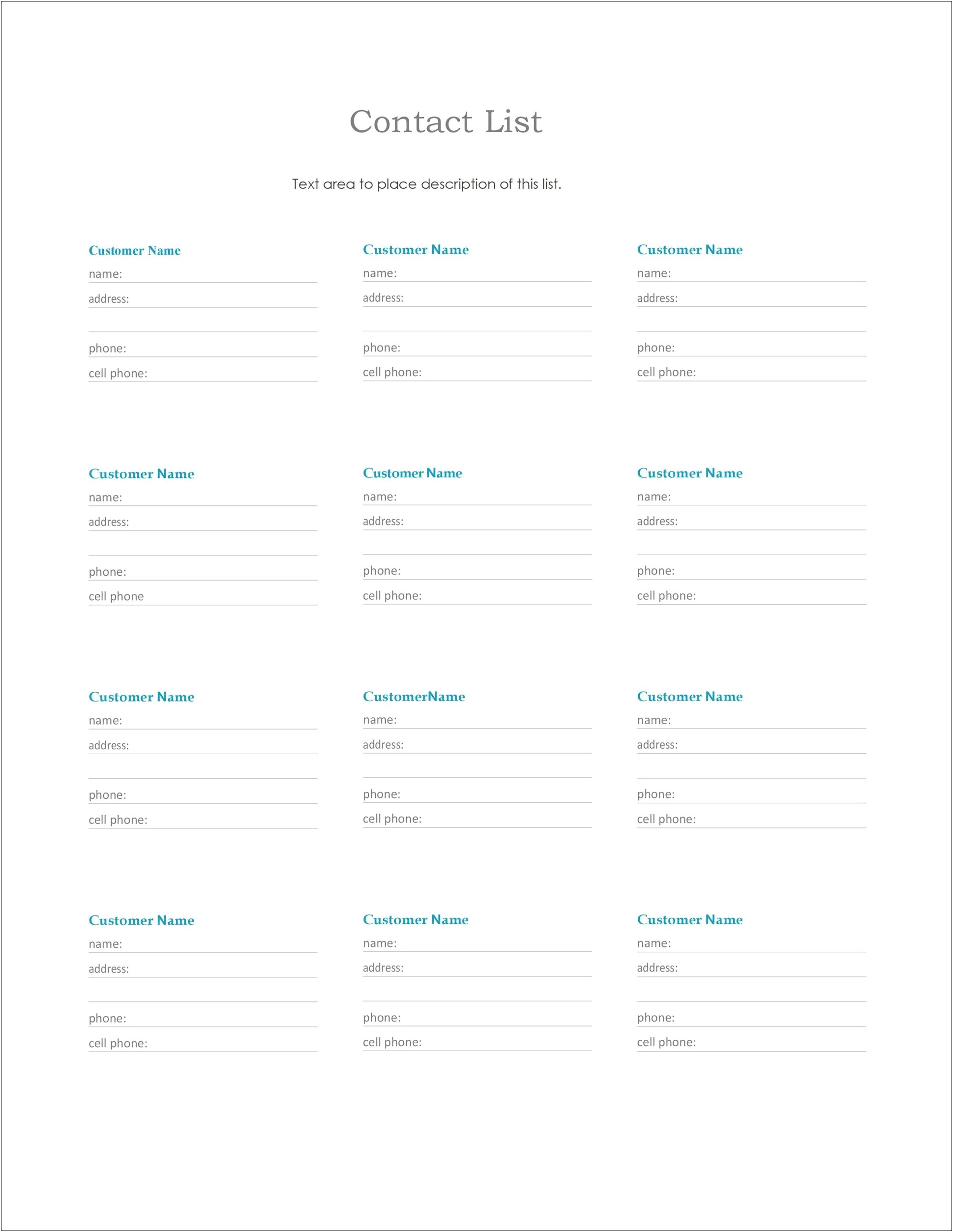 Contact List Templates With Notes In Word