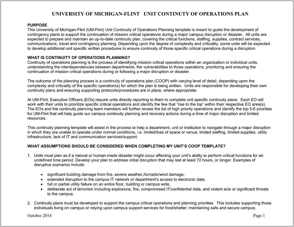 Continuity Of Operations Plan Template For University