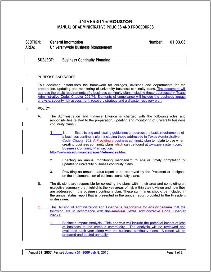 Continuity Plan Template And Instructions For Universities