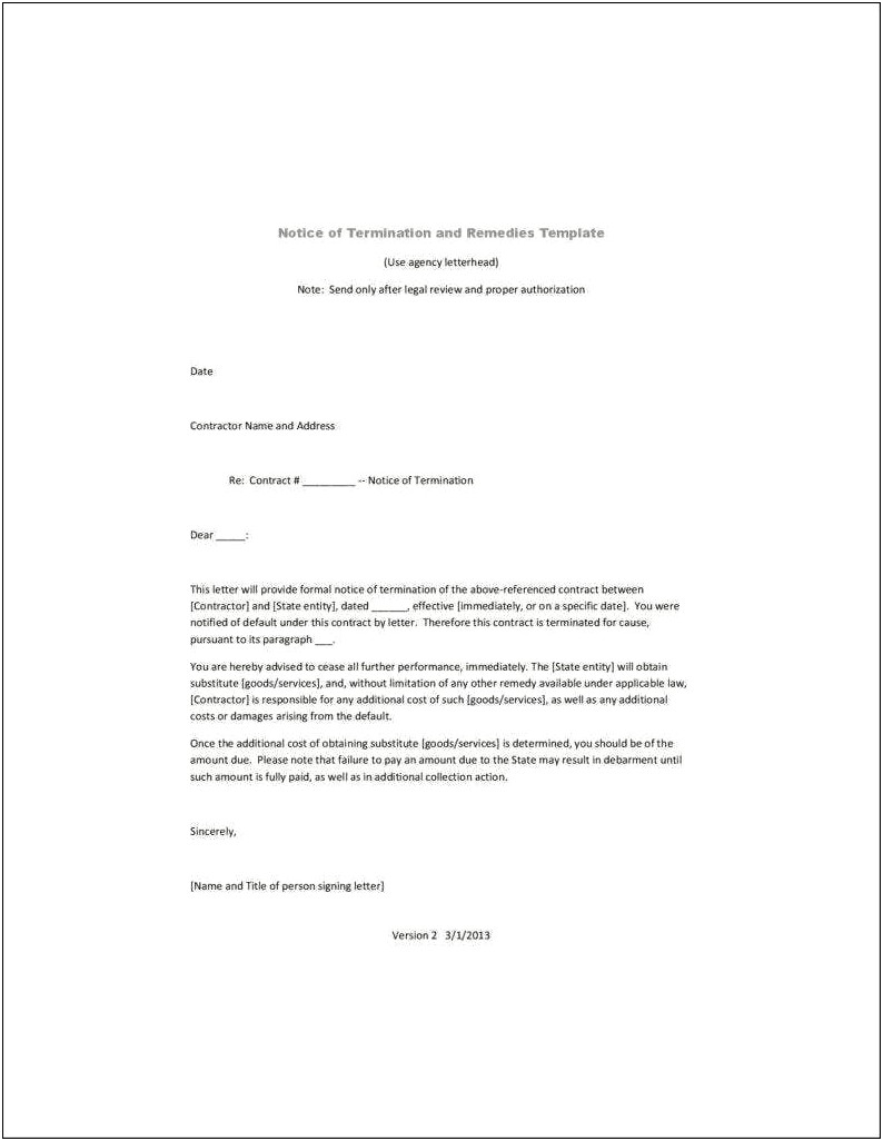 Contract Termination Letter Template Per Material Breach