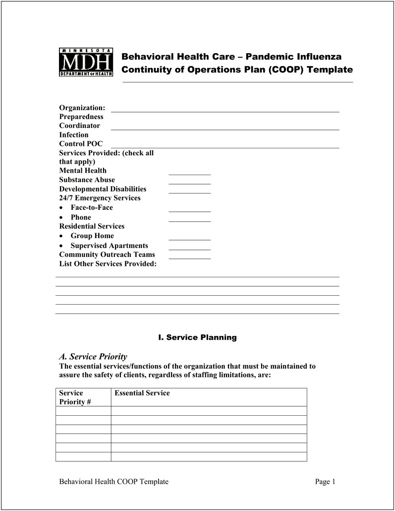 Coop Continuity Of Operations Plan Template