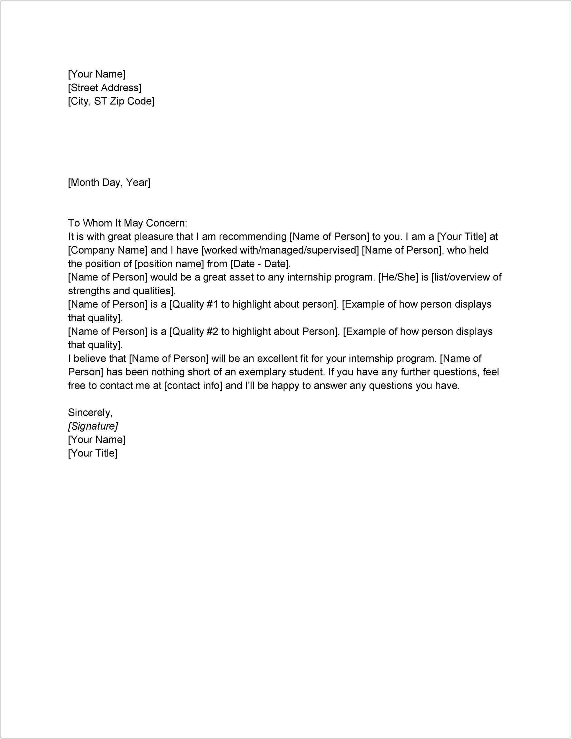 Copy And Paste Reccomendation Letter Template