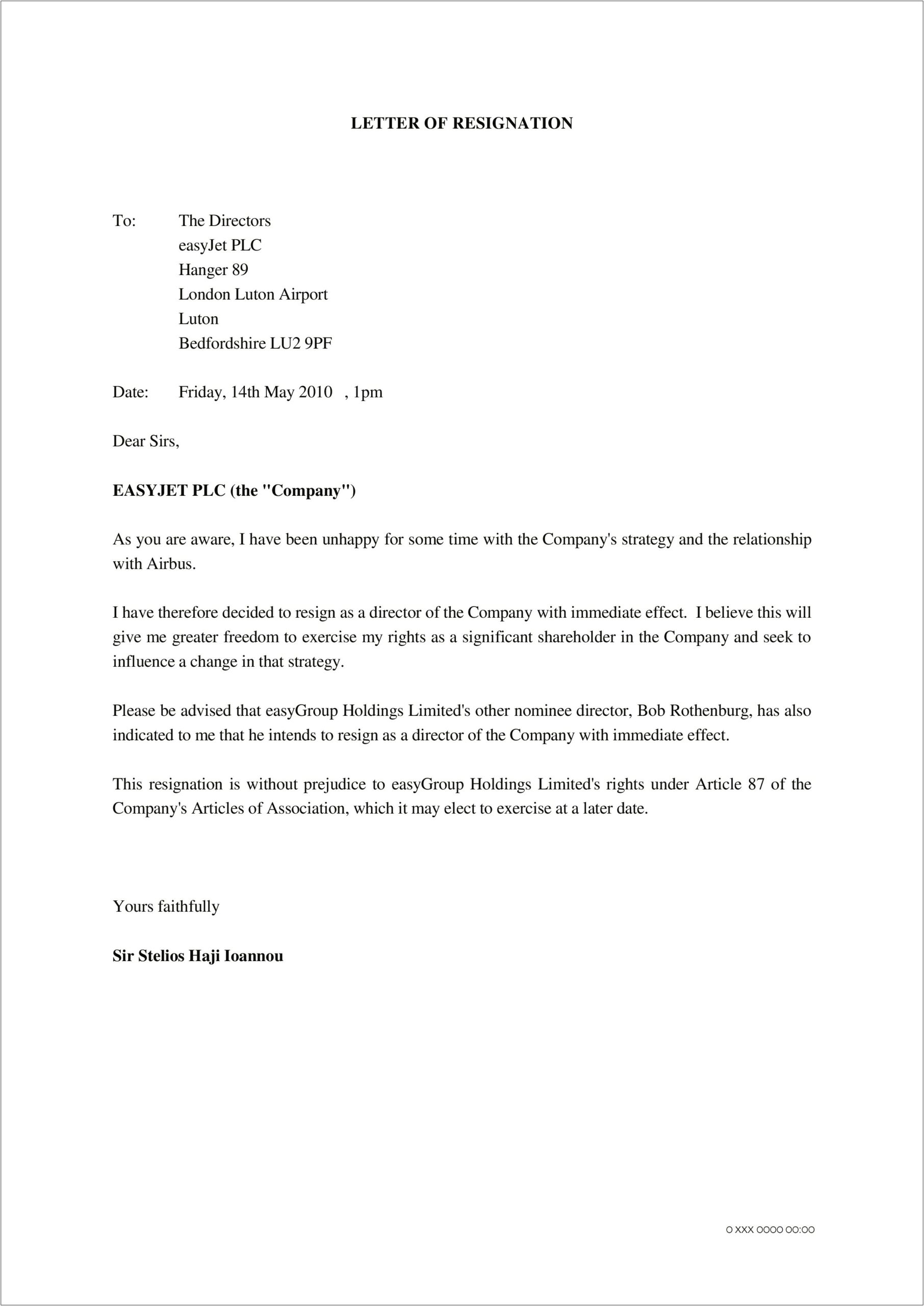 Corporation Director Resignation Letter Template Usa