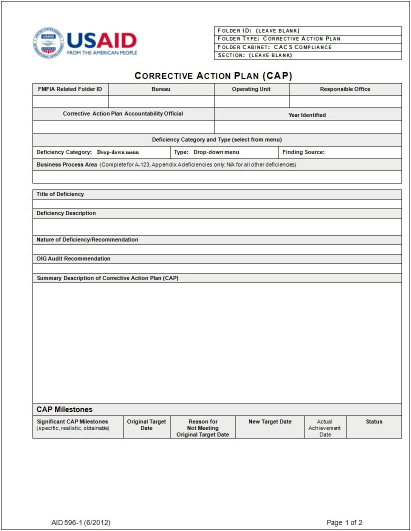 Corrective Action Plan Template Office Of Head Start