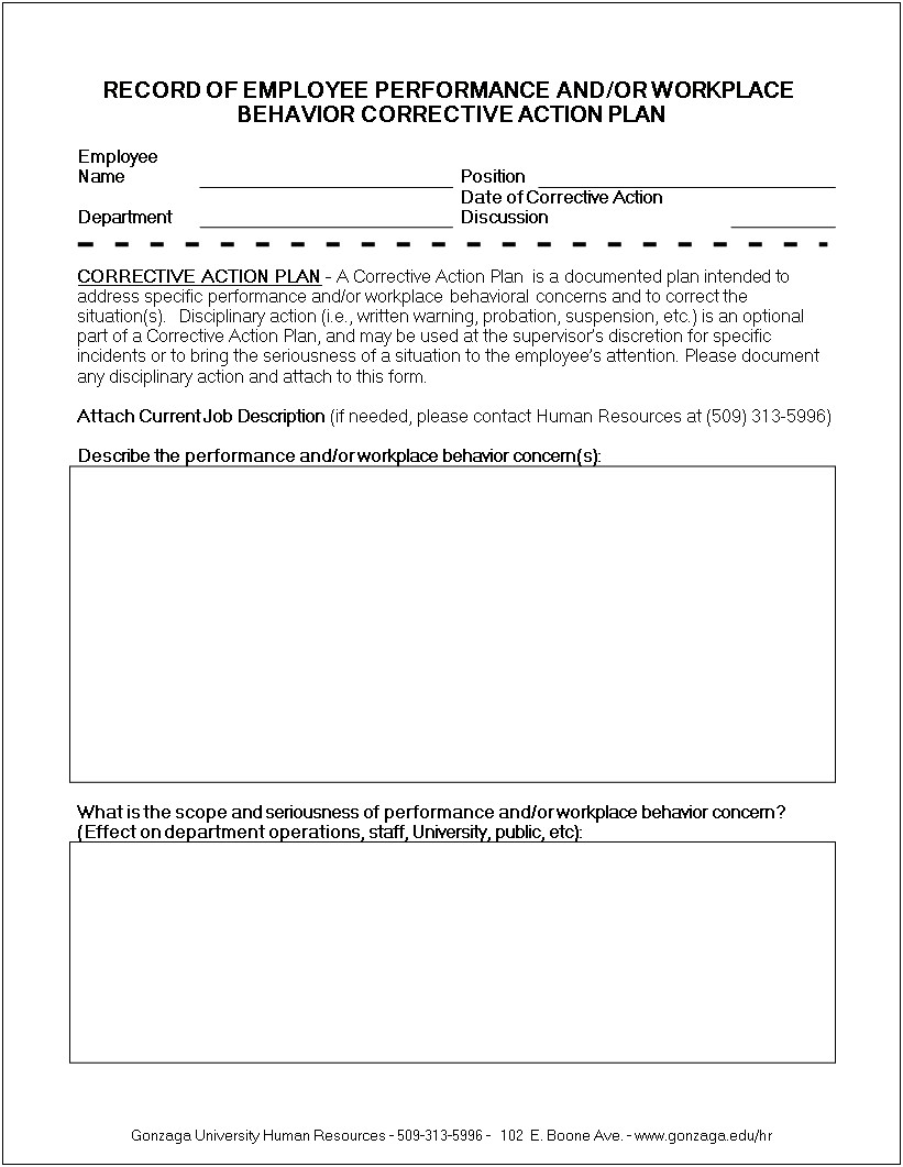 Corrective Action Plans For Employees Template