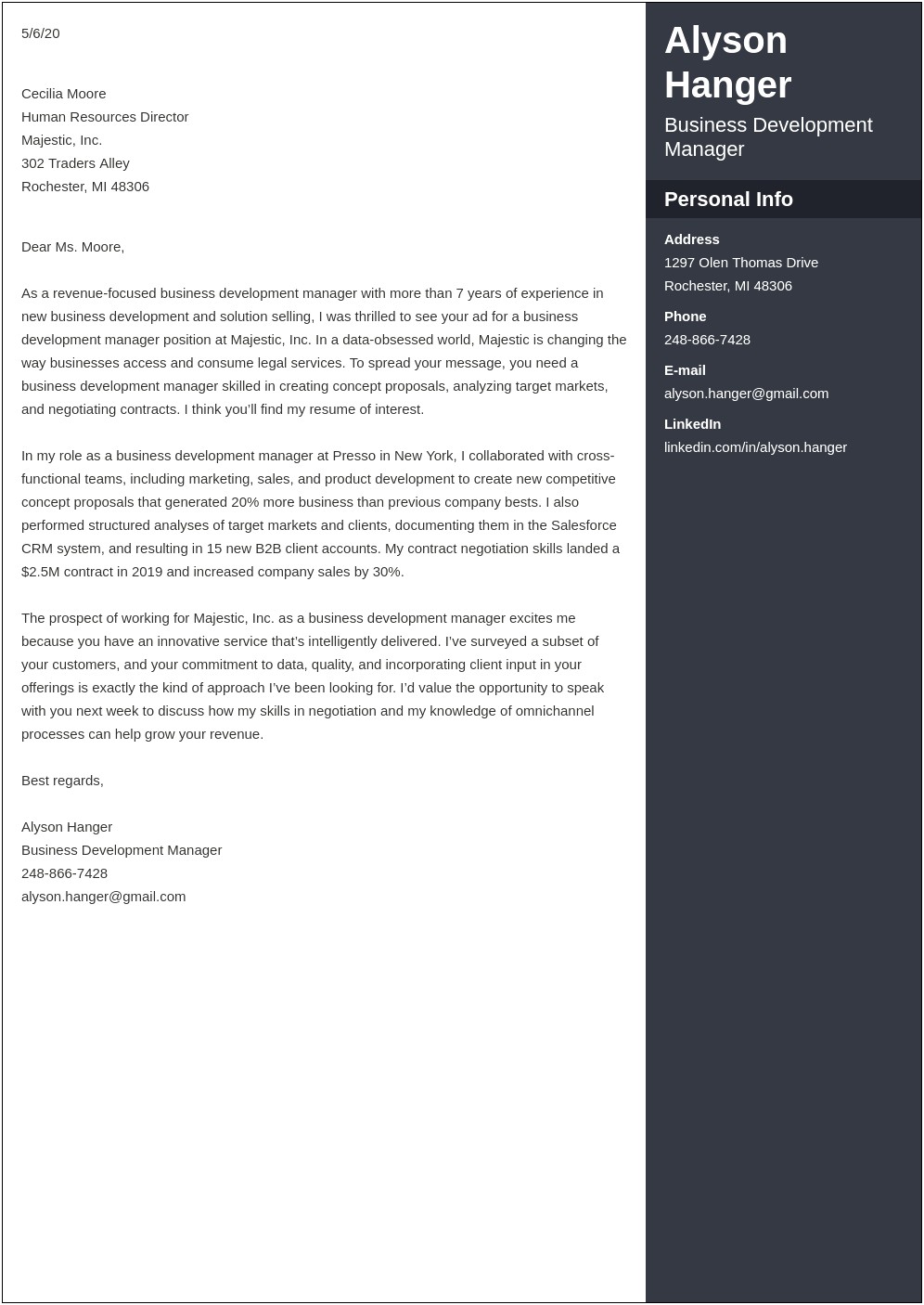 Cover Letter Business Development Manager Template