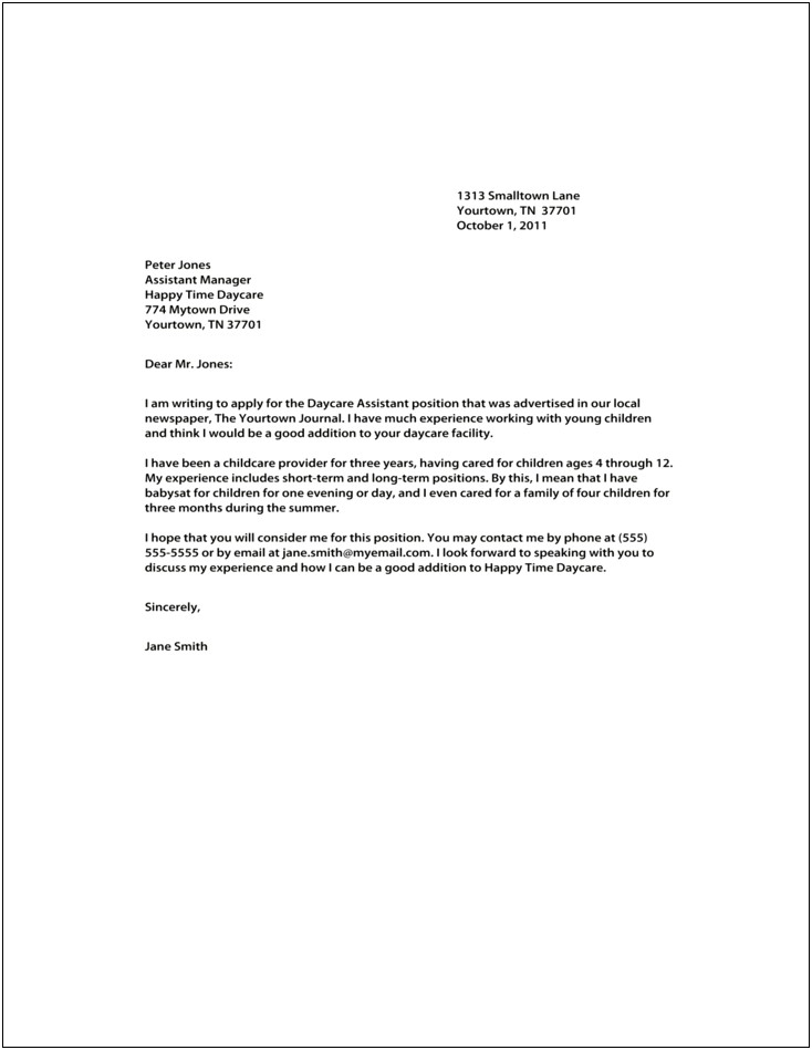 Cover Letter For Assistant Director Of Daycare Template