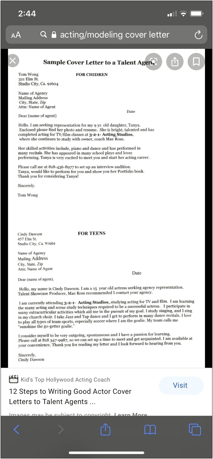 Cover Letter For Casting Agency Template