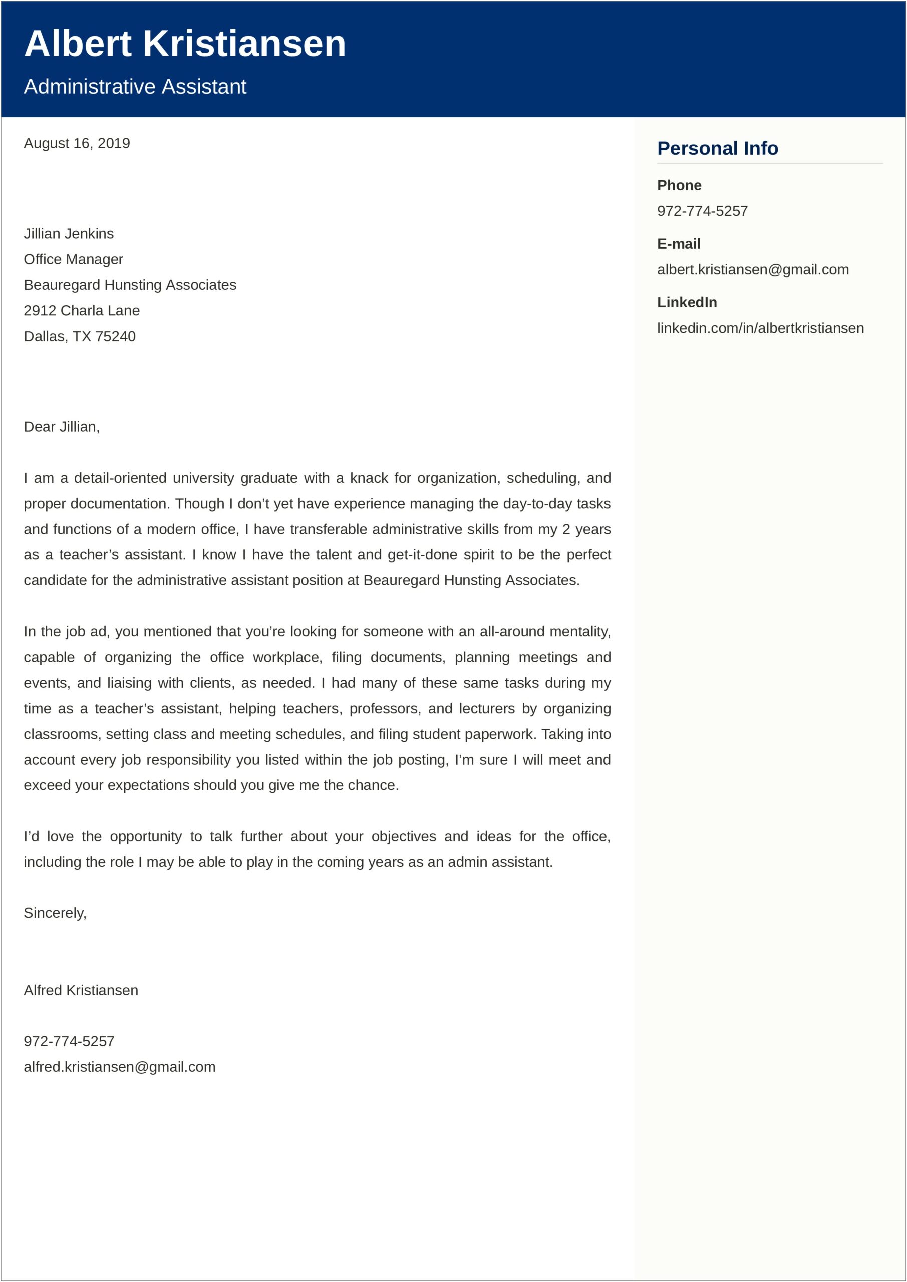 Cover Letter For College Administrative Position Template