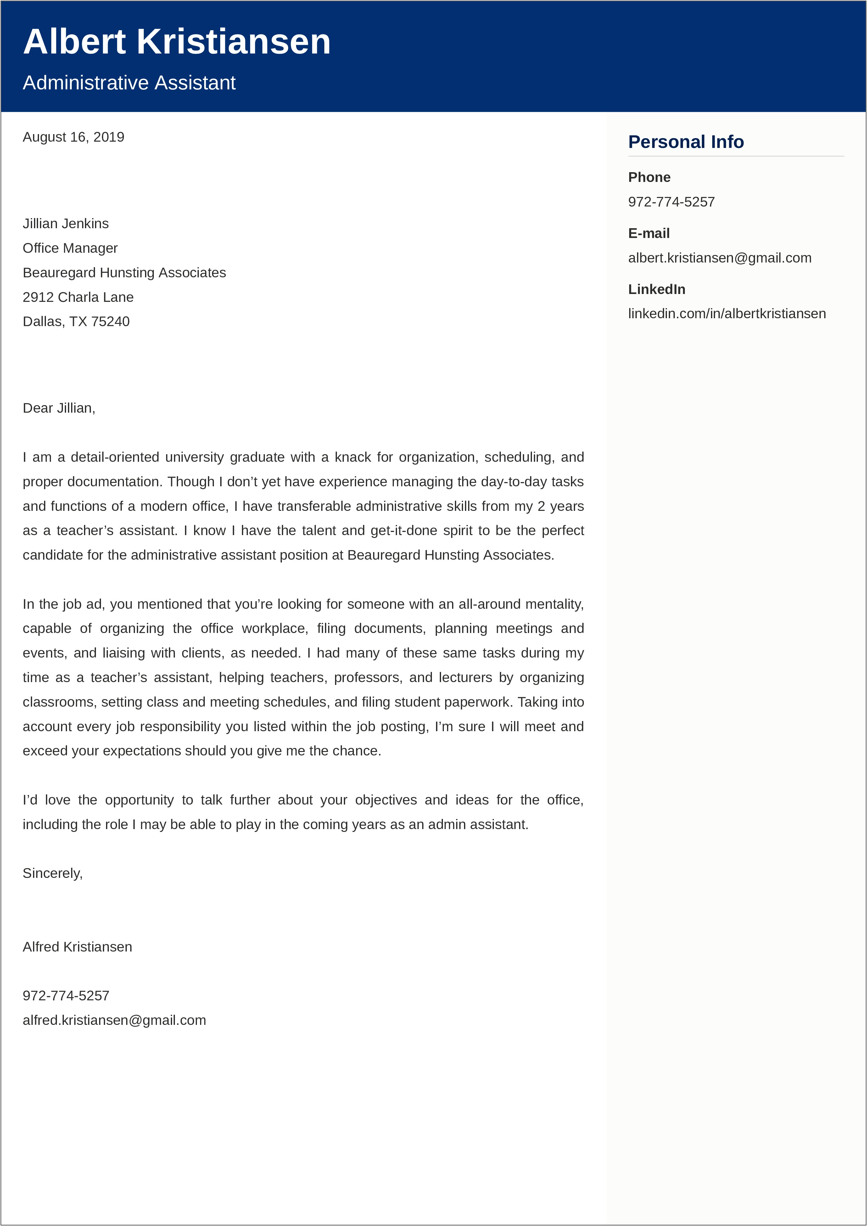 Cover Letter For College Administrative Position Template