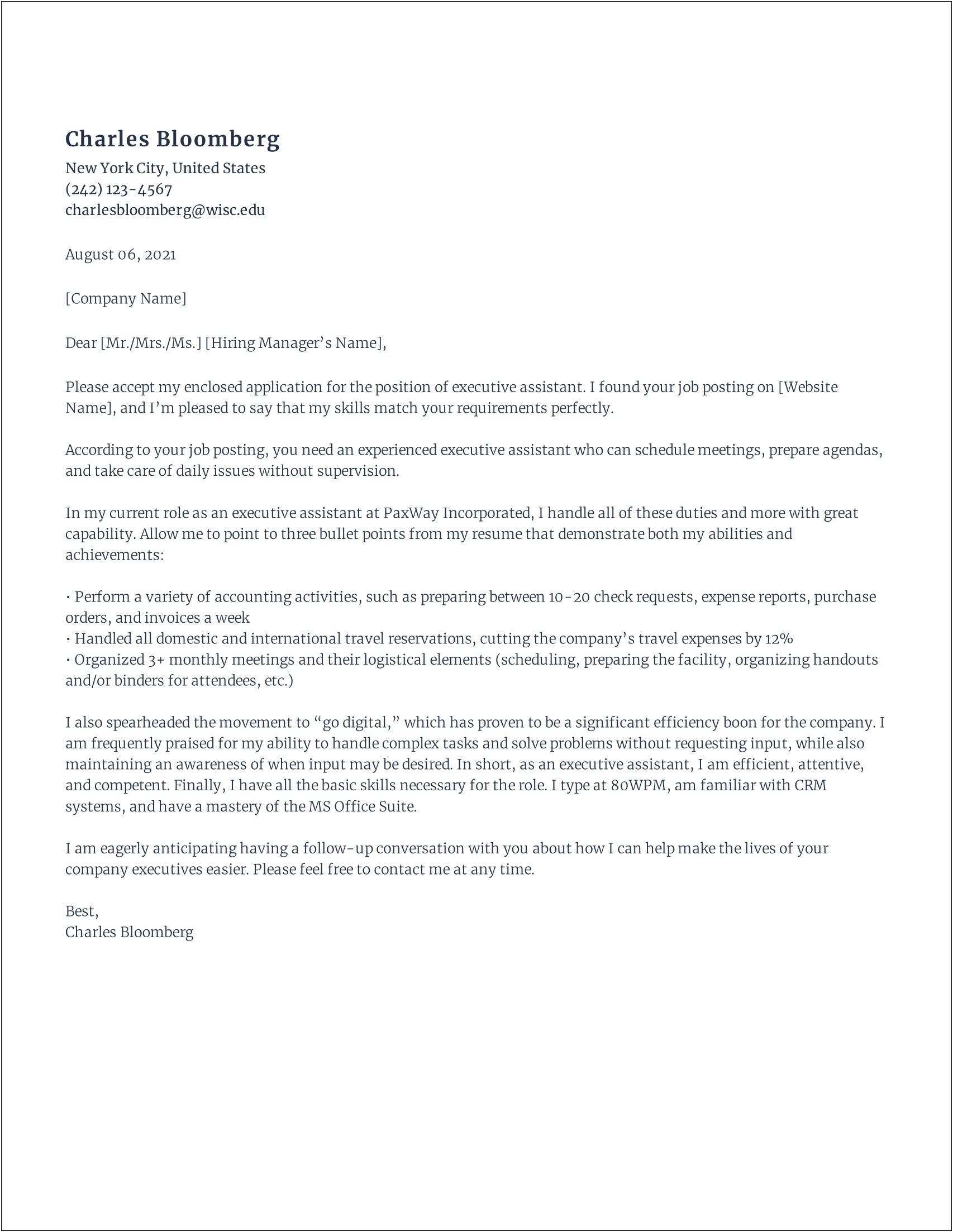 Cover Letter For Executive Assistant Template