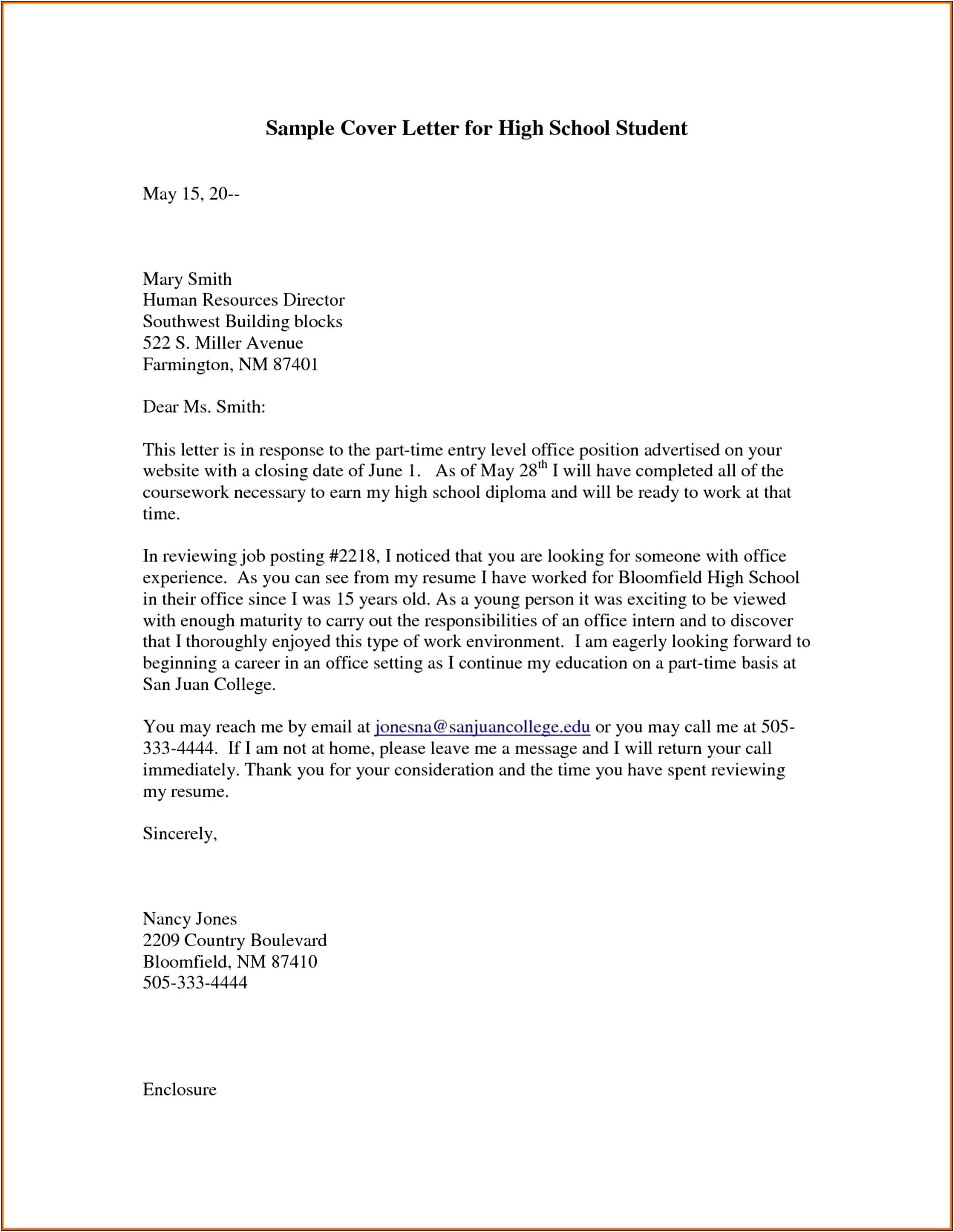 Cover Letter For High School Student Template