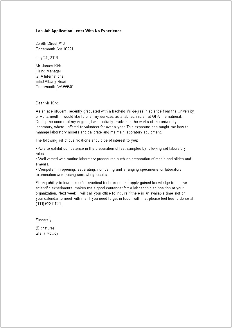 Cover Letter For Internship With No Experience Template