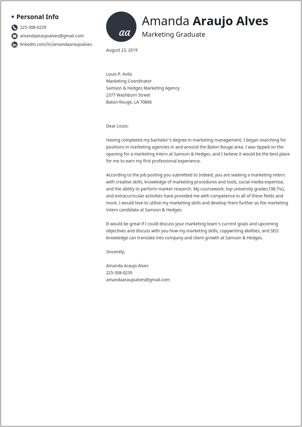 Cover Letter For Marketing Job Template