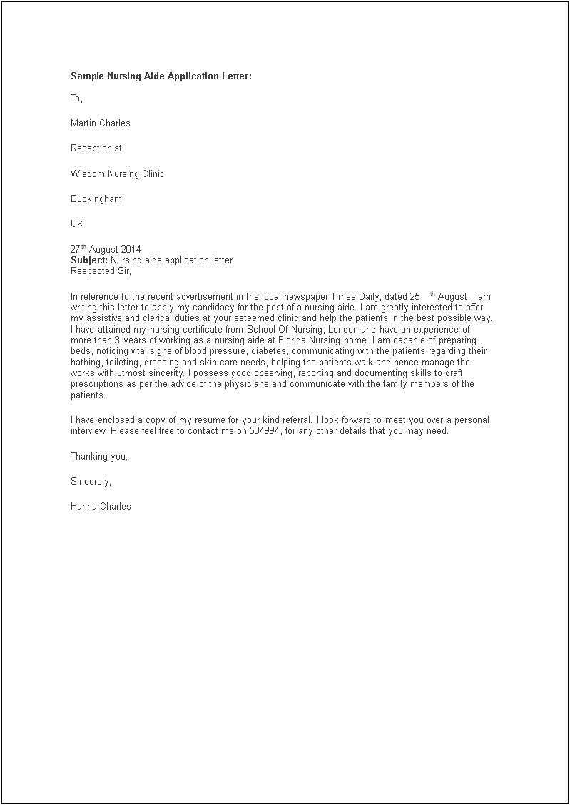 Cover Letter For Nursing Position Template