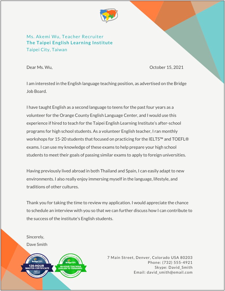 Cover Letter For Teaching Position Templates