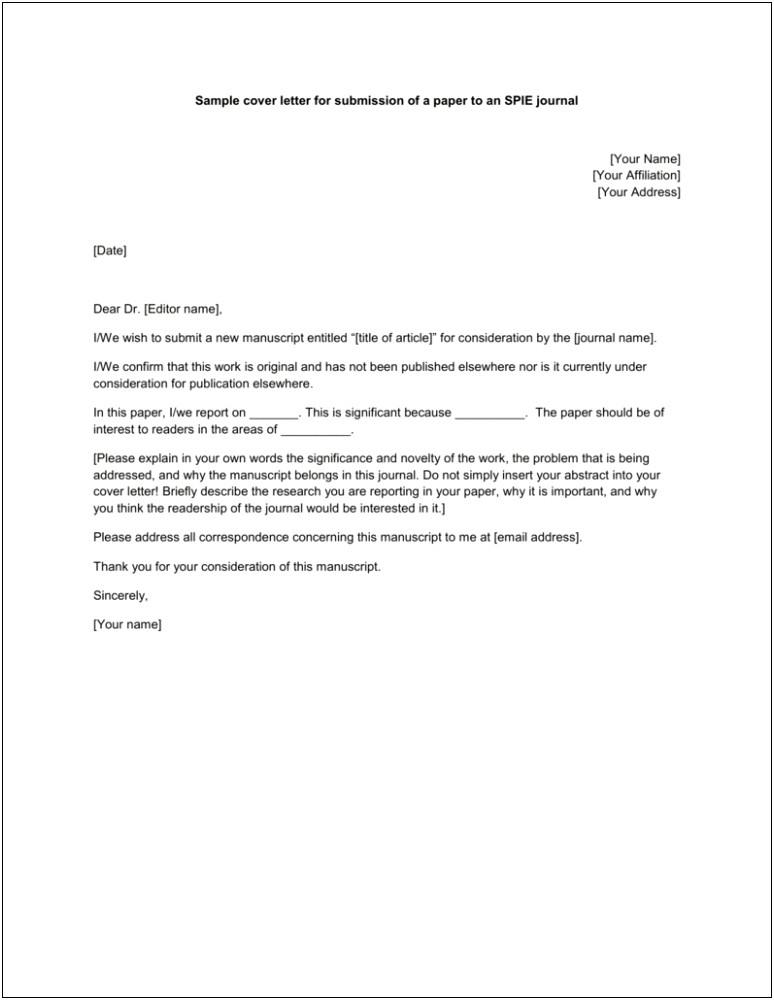 Cover Letter Submitting A Research Paper Template