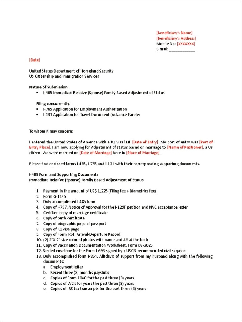 Cover Letter Template Adjust Of Status