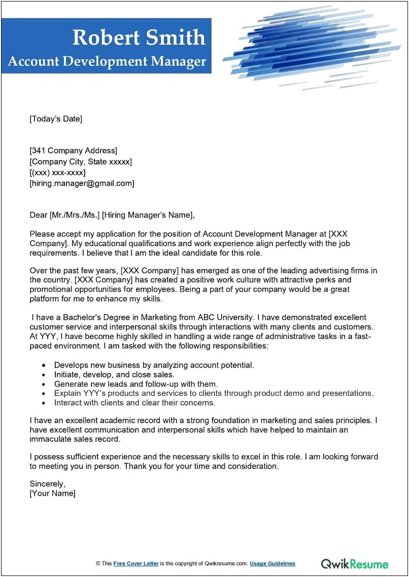 Cover Letter Template Business Development Manager