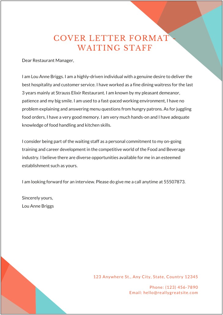 Cover Letter Template Food Service Manager