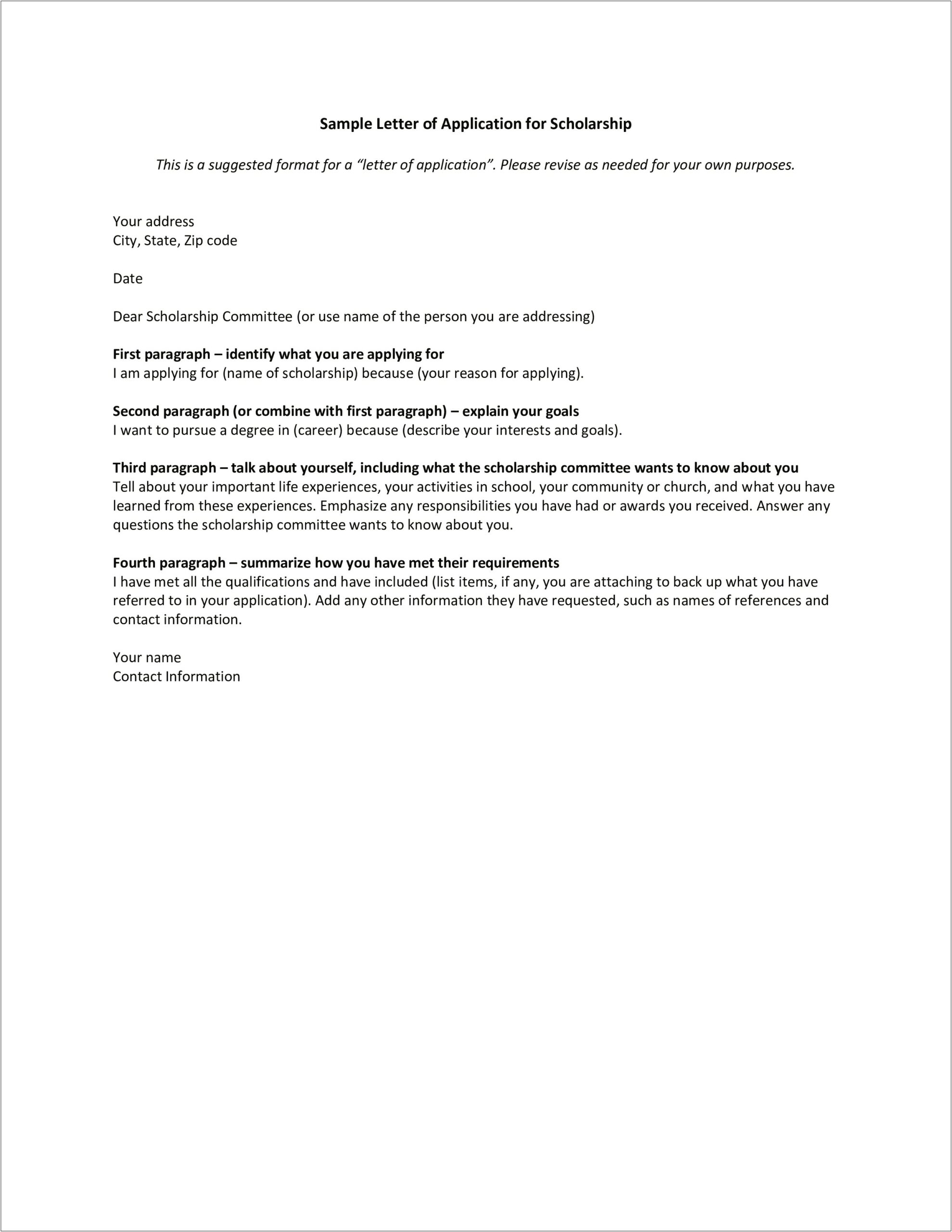 Cover Letter Template For A Scholarship