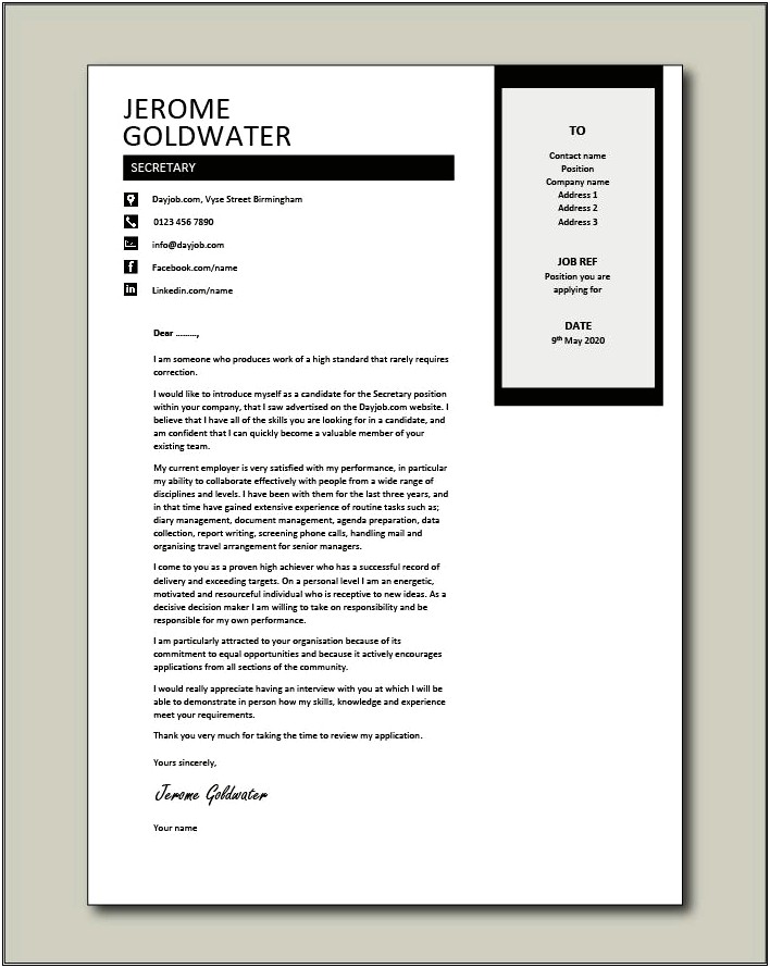 Cover Letter Template For A Secretary Job