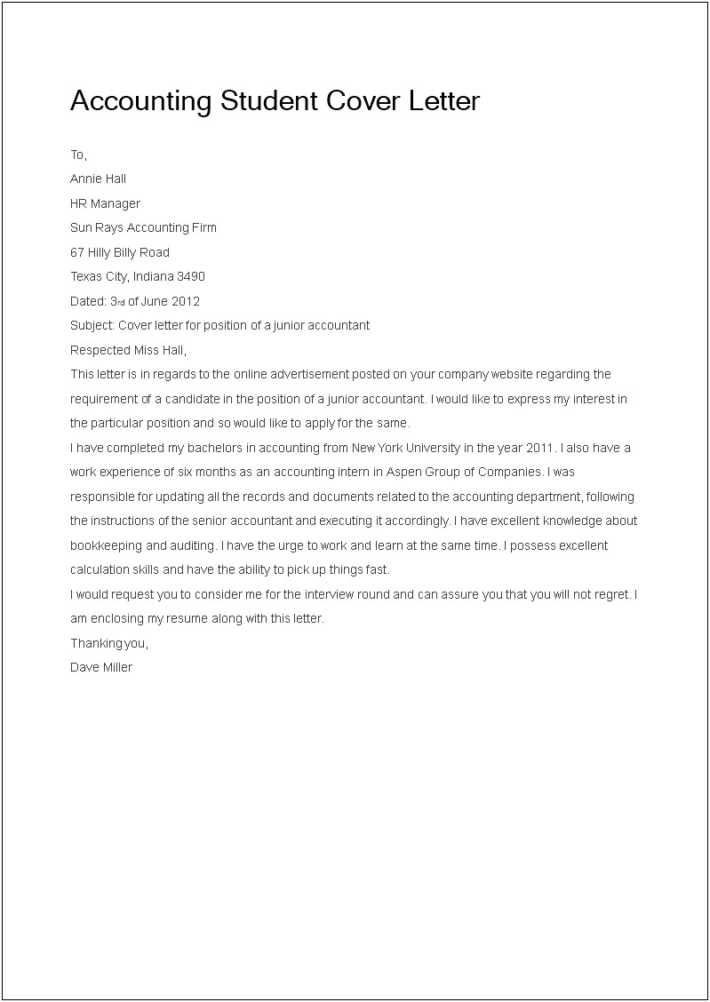 Cover Letter Template For Accounting Student