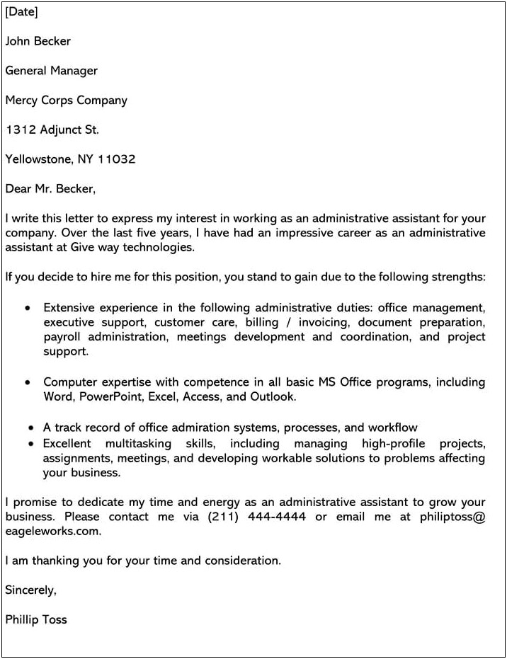 Cover Letter Template For Administrative Assistant Position