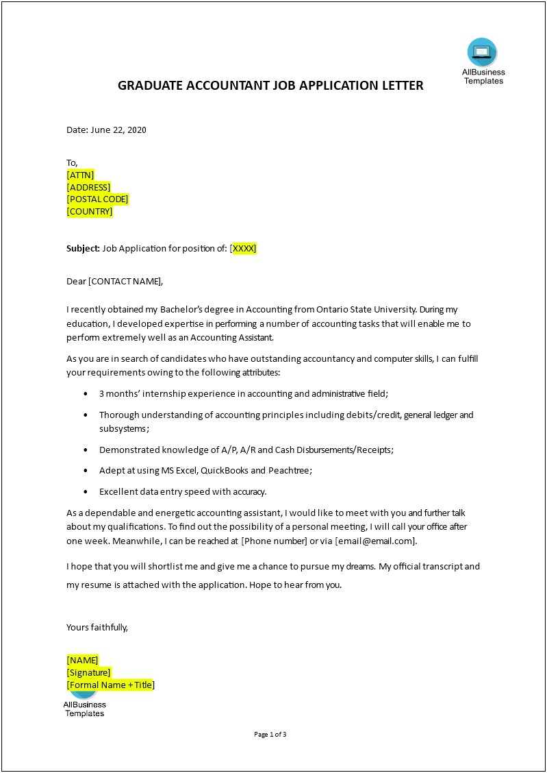 Cover Letter Template For Assistant Accountant