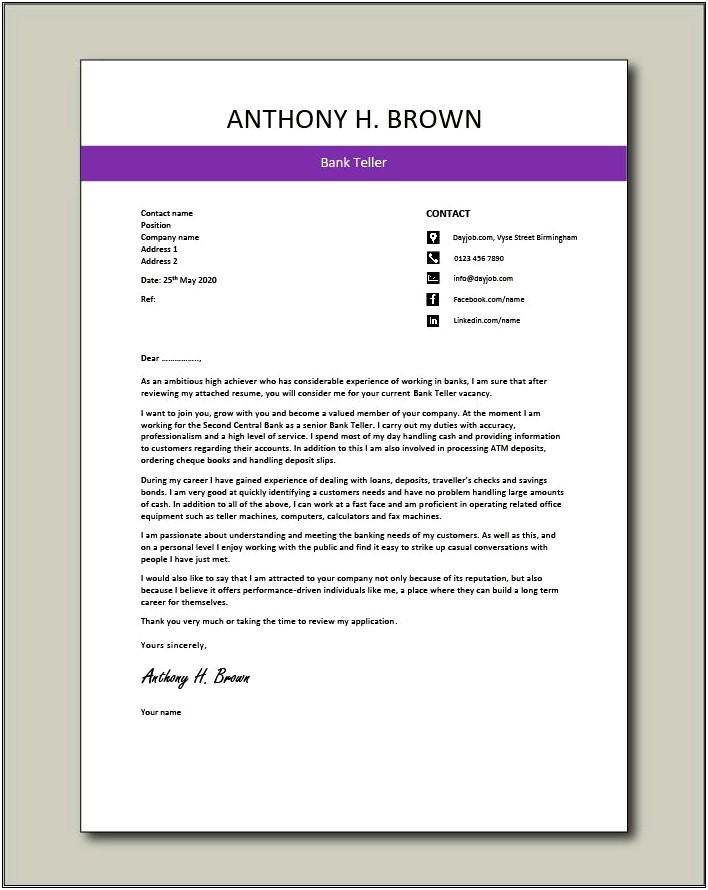 Cover Letter Template For Bank Teller Job