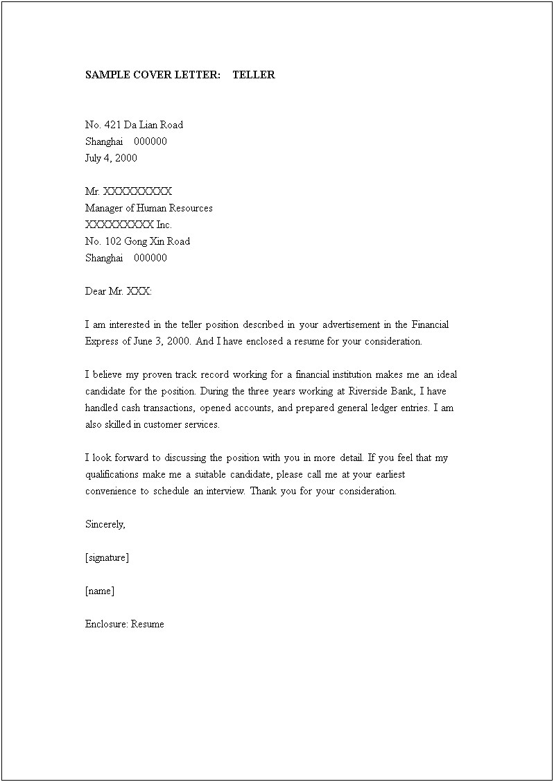 Cover Letter Template For Bank Teller Position