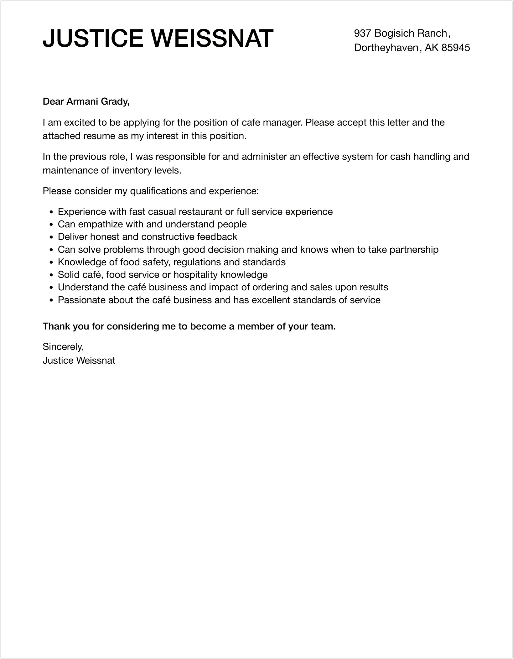 Cover Letter Template For Cafe Manager