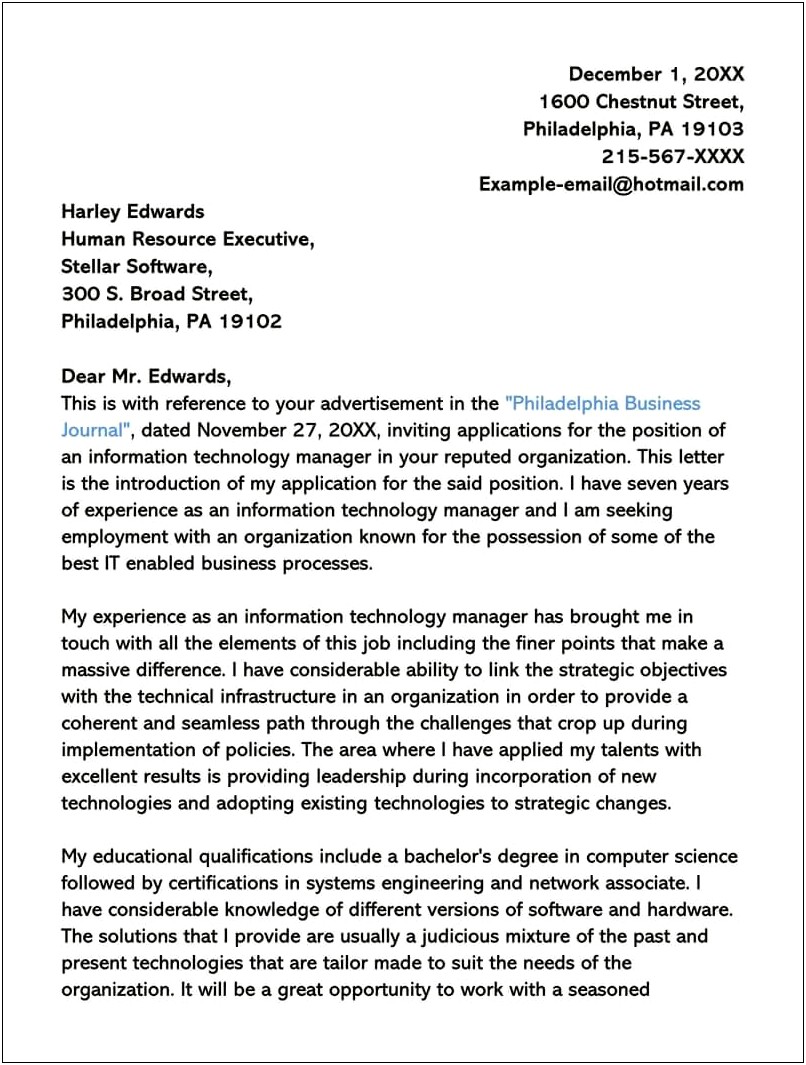 Cover Letter Template For Computer Technician