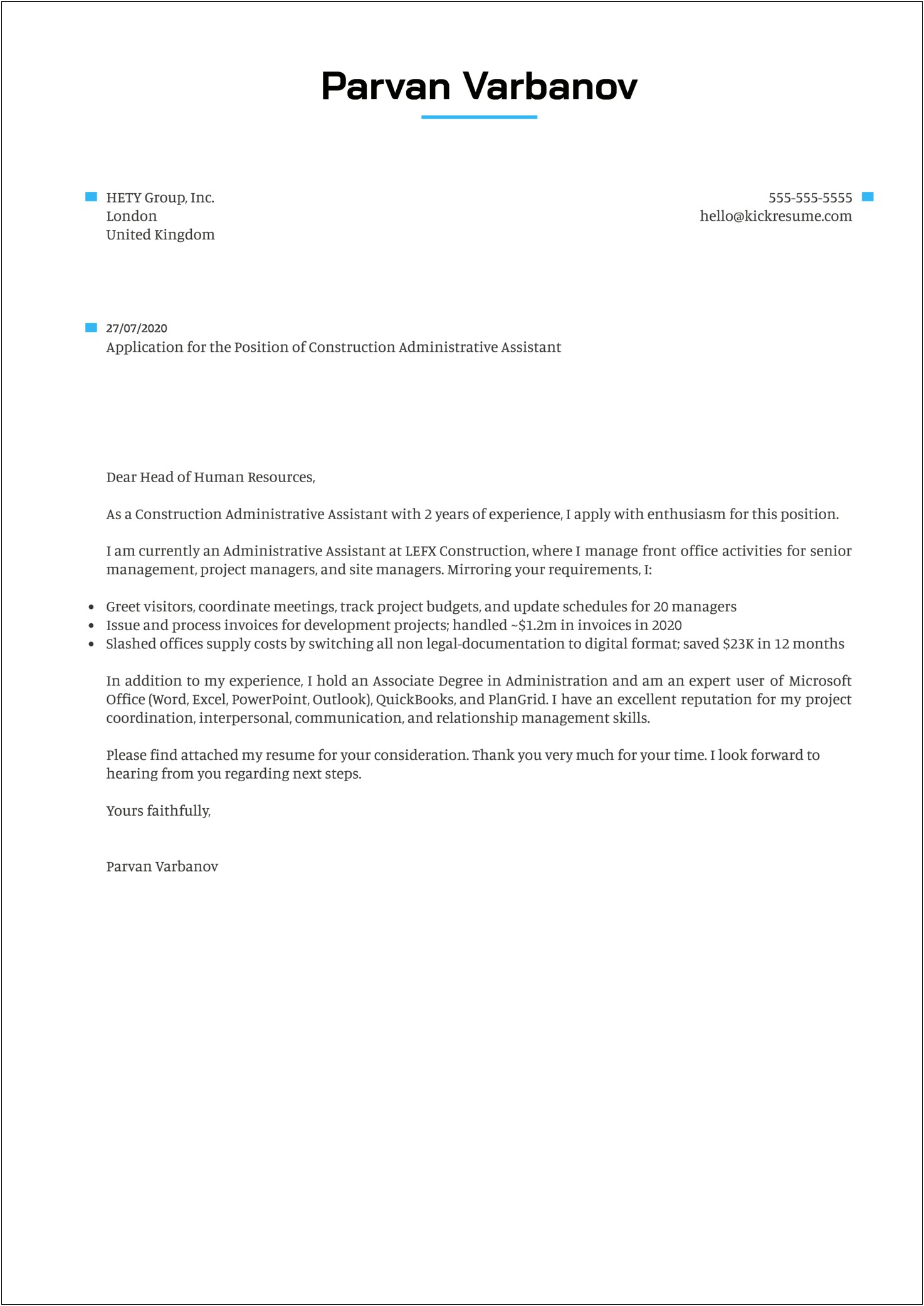 Cover Letter Template For Construction Job